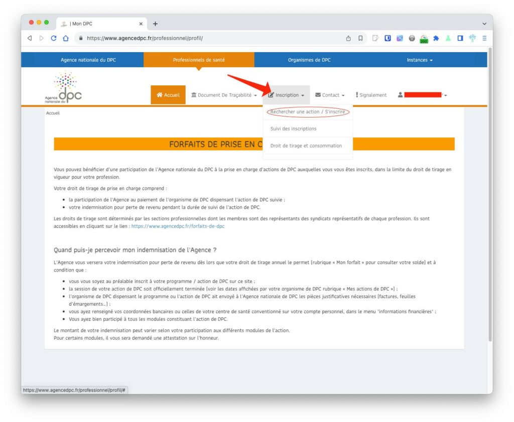 Inscription au DPC
Étape 1