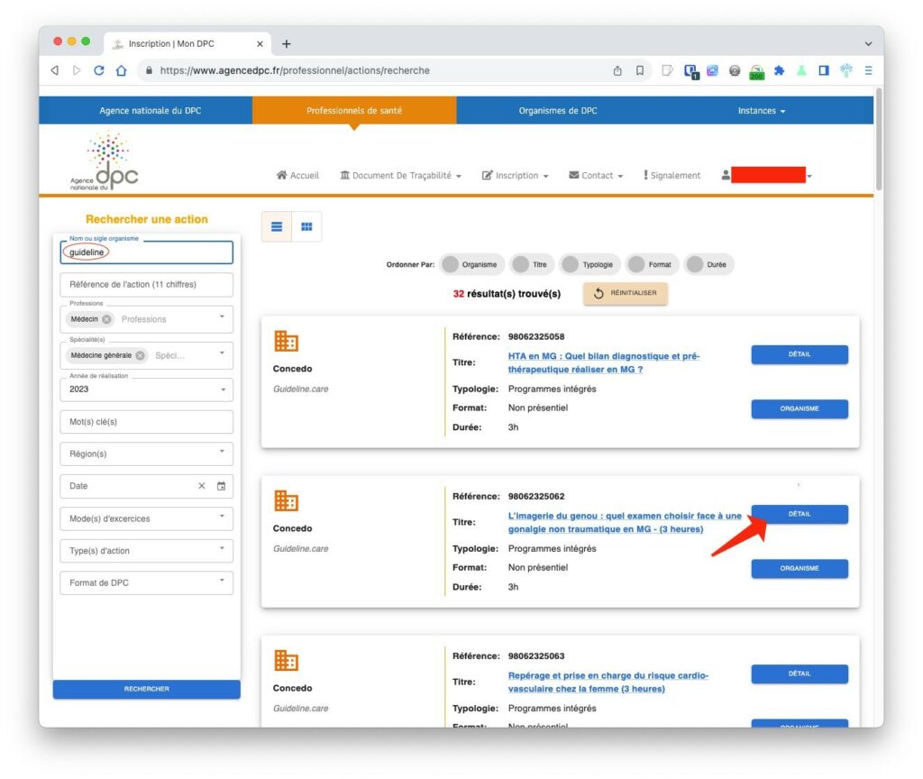 Liste des résultats de la recherche sur le site dédié aux professionnels de santé