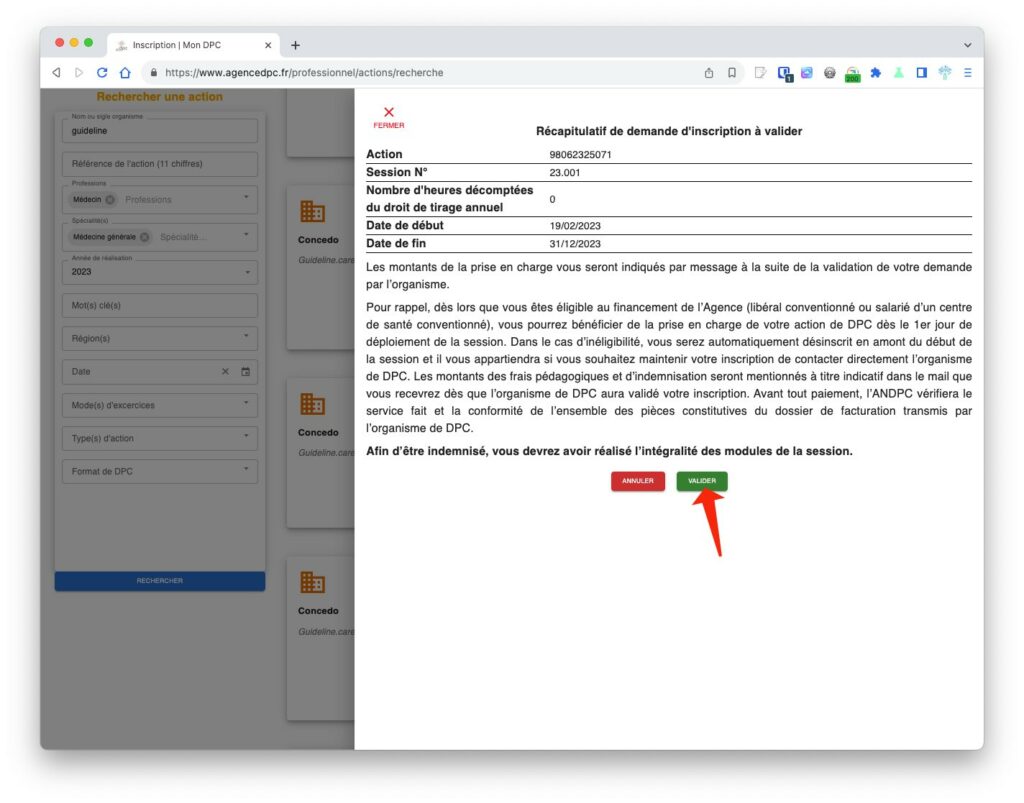 Dernière étape avant l'inscription à une session de formation.